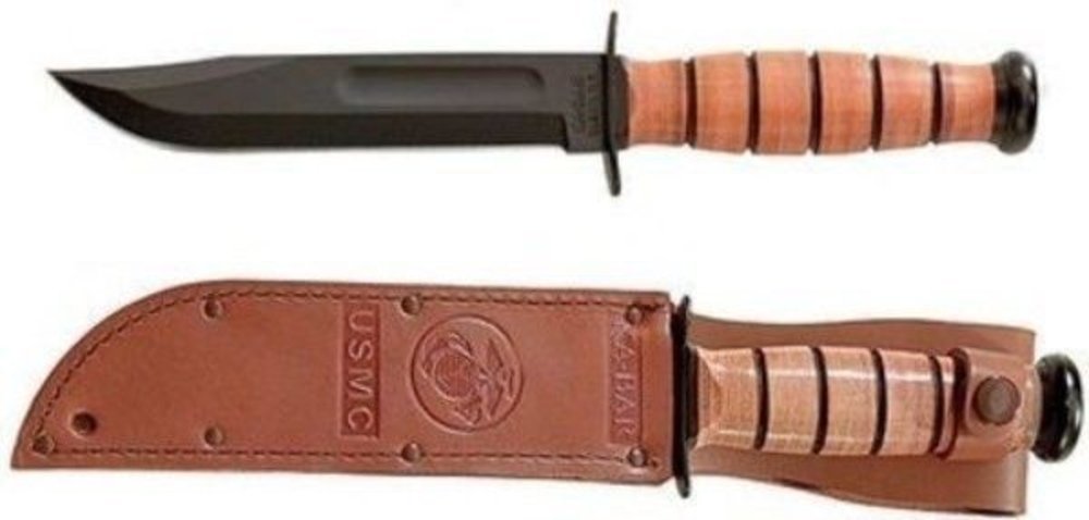 KA-BAR USMC 7" Fixed Blade, Fighting Knife, w/Brown Leather Sheath #1217CP