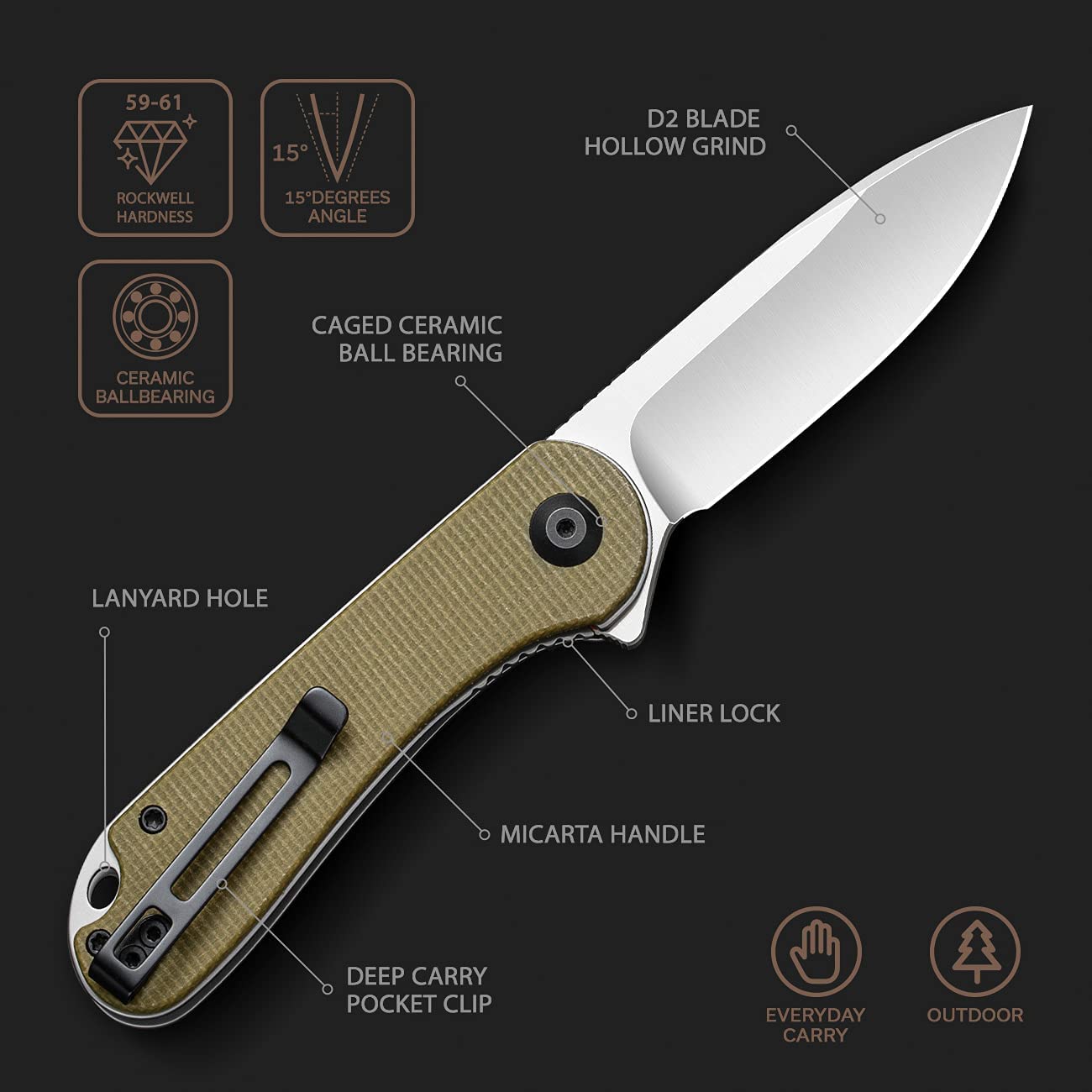 CIVIVI Elementum Knife, Olive Micarta Handle #C907S