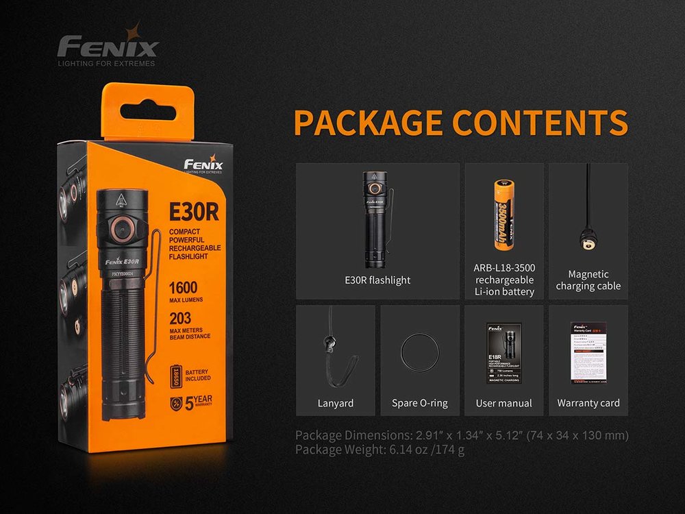 Fenix E30R, 1600 Lumens Rechargeable Flashlight, Battery Included #E30R