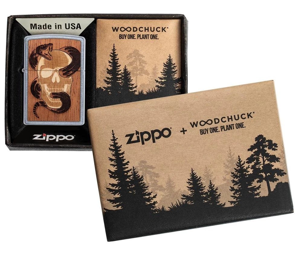 Zippo WOODCHUCK Skull & Snake, 100% Real Wood, Genuine Windproof Lighter #49042