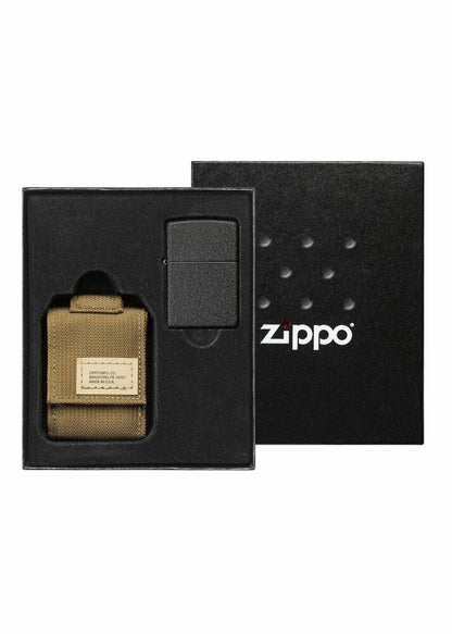 Zippo Black Crackle Lighter + Coyote Tan Molle Pouch Gift Set, USA Made #49401