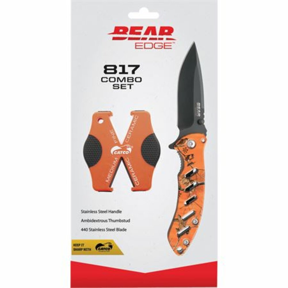 Bear & Son 817 Combo Set Folding Knife and Sharpener, Orange, Clam Pack #71817