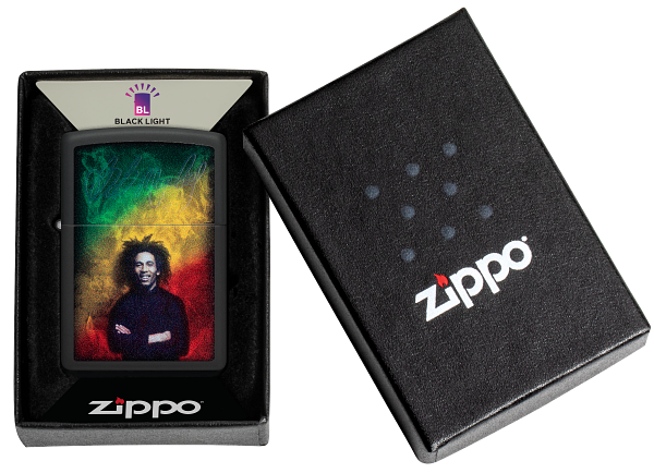 Zippo Bob Marley Black Light Design, Black Matte Lighter #48674
