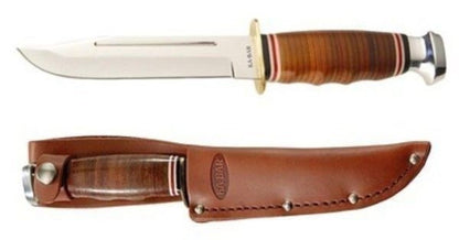 KA-BAR Marine Hunting Knife, Stacked Leather Handle + Leather Sheath #1235