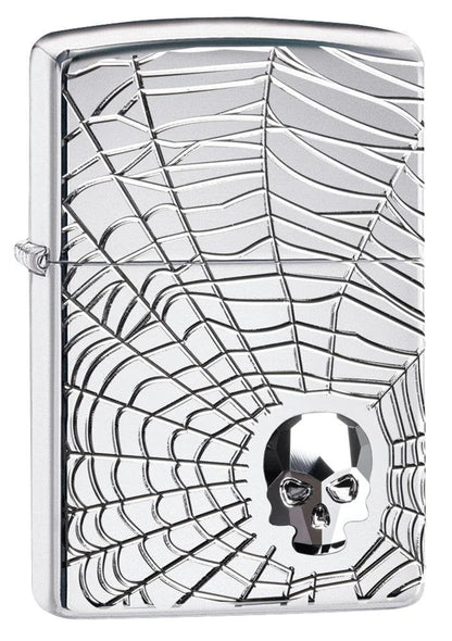 Zippo Spider Web Swarovski Crystal Skull, High Polish Chrome Lighter #29931