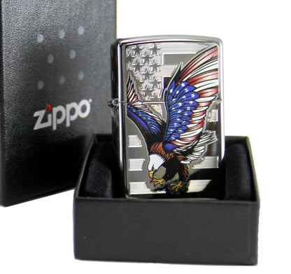 Zippo American Flag Eagle, High Polish Chrome, USA Genuine Lighter #28449