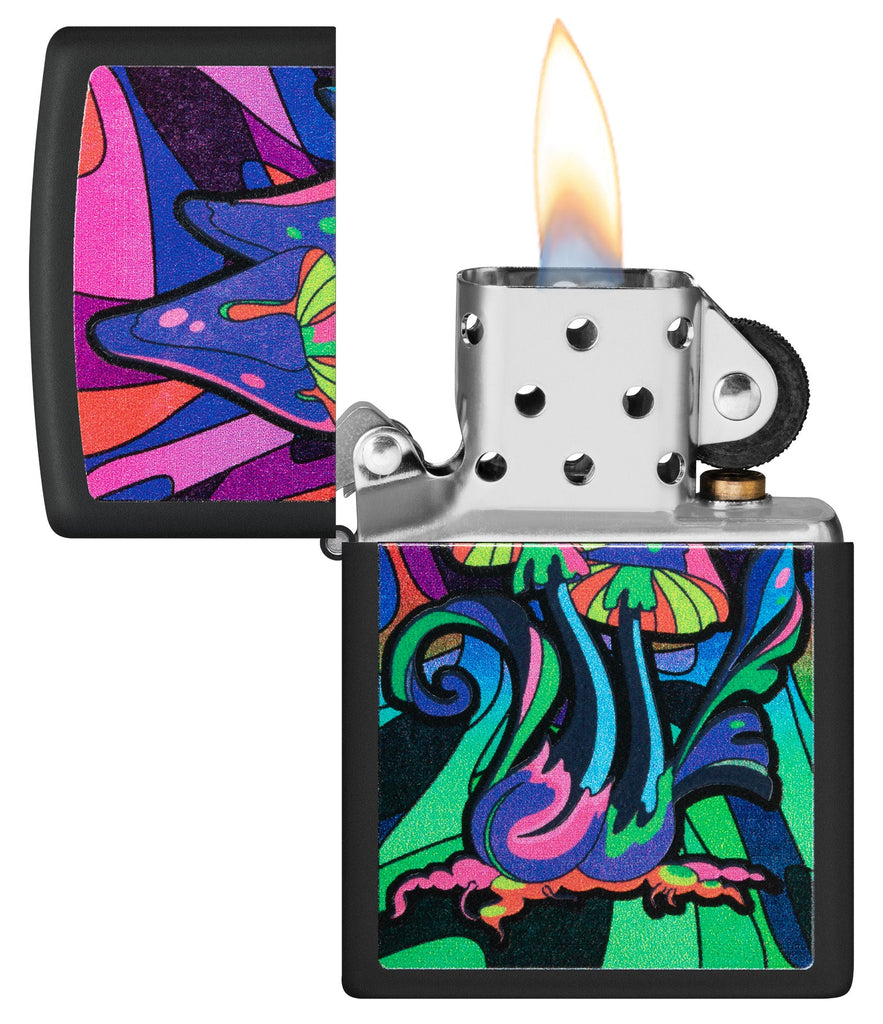 Zippo Black Light Mushroom Design, Black Matte Lighter #48386