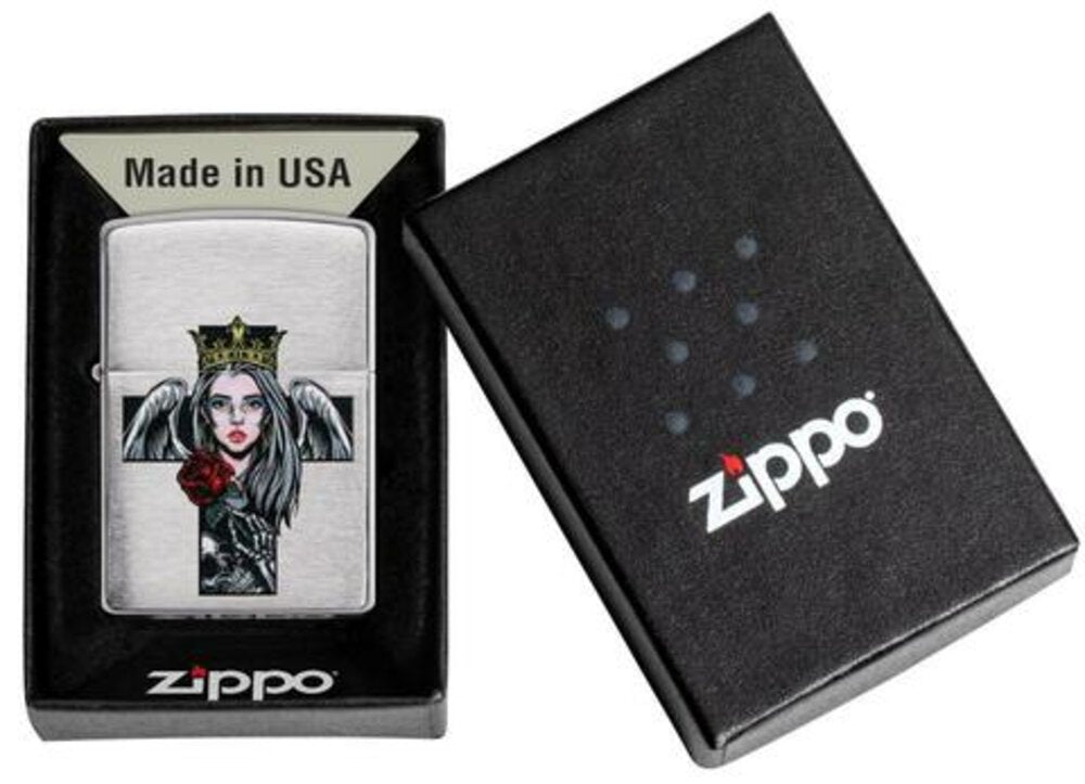 Zippo Cross Queen and Skull Design, Brushed Chrome, Windproof Lighter #49262