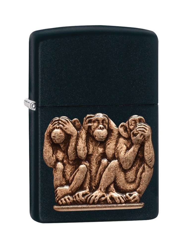Zippo Three Monkeys Brass Emblem Lighter, Black Matte, See No Evil #29409