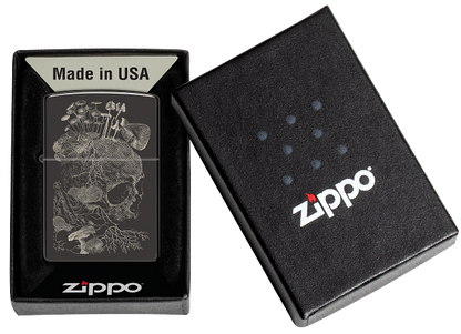 Zippo Skull Flowers Design, High Polish Black Lighter #48590