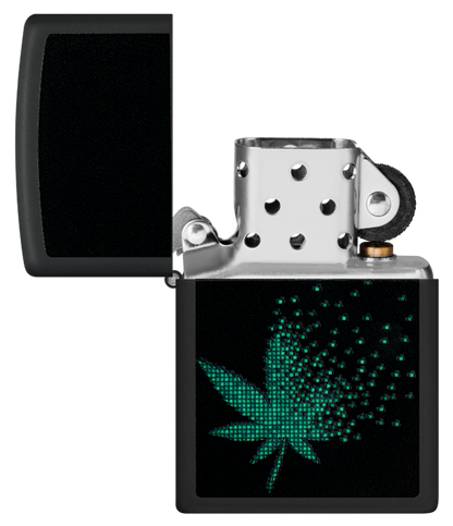Zippo Cannabis Leaf Fading Away Black Light Design, Black Matte Lighter #48677