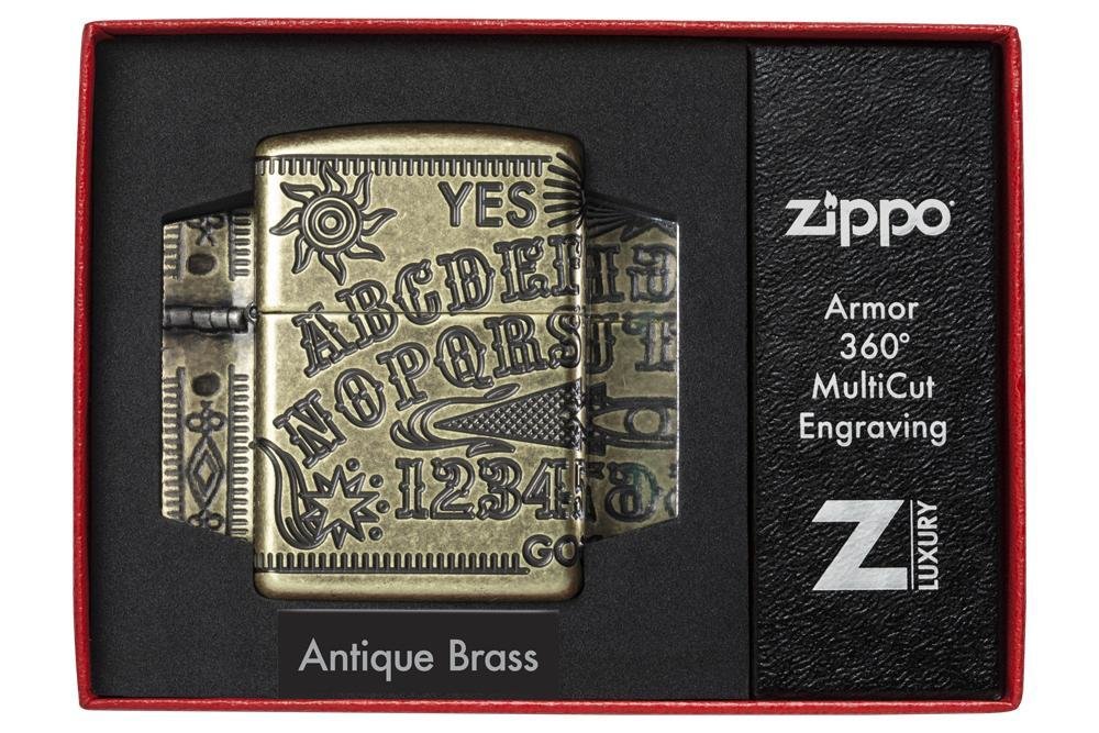 Zippo Ouija Board Design, 360° Engraved, Armor Antique Brass Lighter #49001