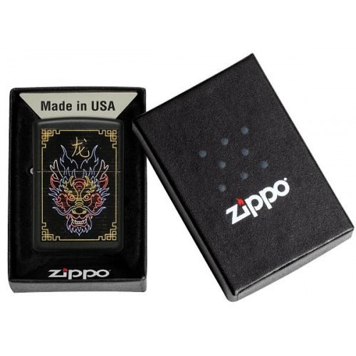 Zippo Neon Dragon Design, Black Matte Finish, Windproof Lighter #49396