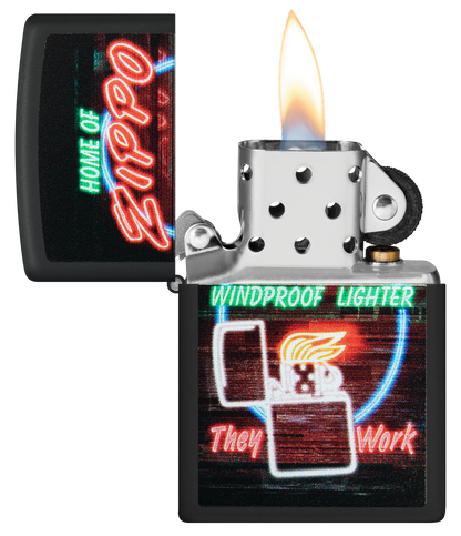 Zippo Neon Sign Design, Black Matte Lighter #48455