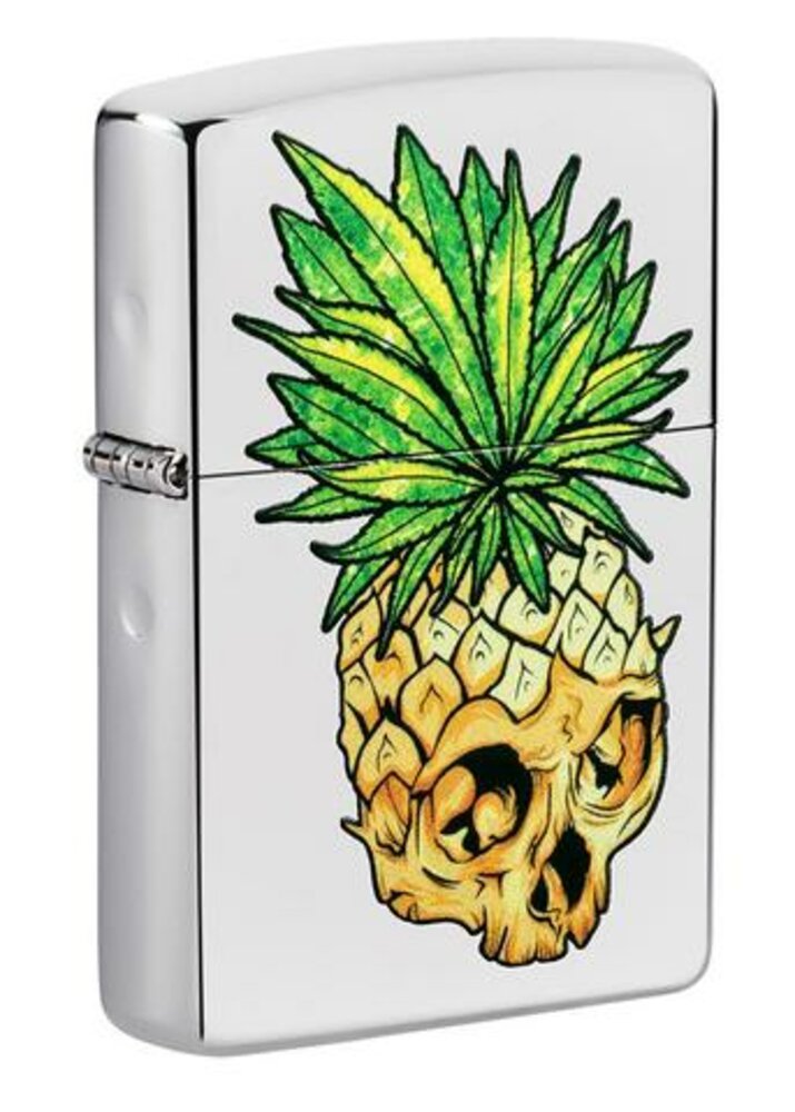 Zippo Pineapple Skull Cannabis Design, High Polish Chrome Lighter #49241