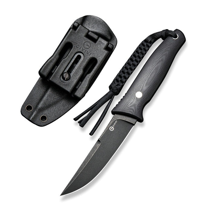 Civivi Tamashii Knife + Black Kydex Clip Sheath + Paracord, Black Handle, Black Blade #C19046-3