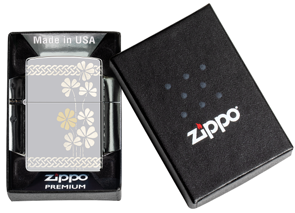 Zippo Four Leaf Clover 360 Design, High Polish Chrome Lighter #48586