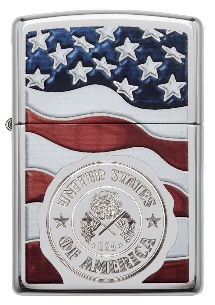 Zippo American Stamp on Flag Lighter, High Polish Chrome #29395