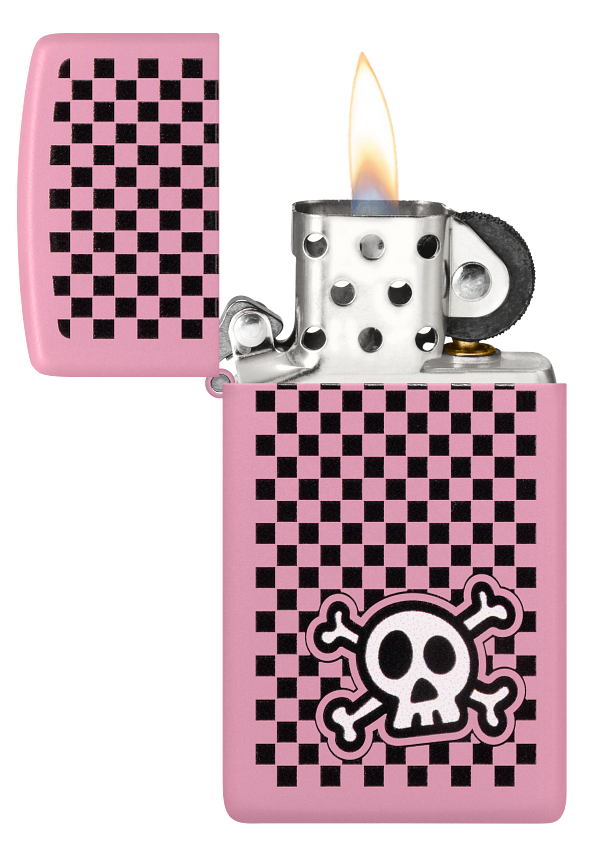 Zippo Slim Cute Emo Skull Checkered Design, Pink Matte Lighter #48680