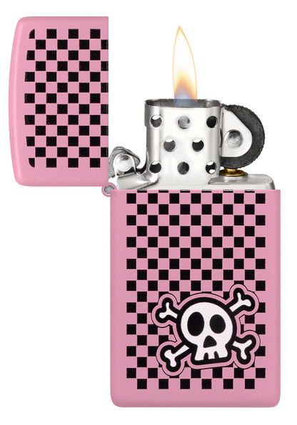 Zippo Slim Cute Emo Skull Checkered Design, Pink Matte Lighter #48680