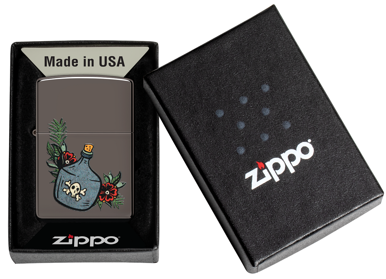 Zippo Poison Jar and Roses Tattoo, Black Ice Lighter #48409