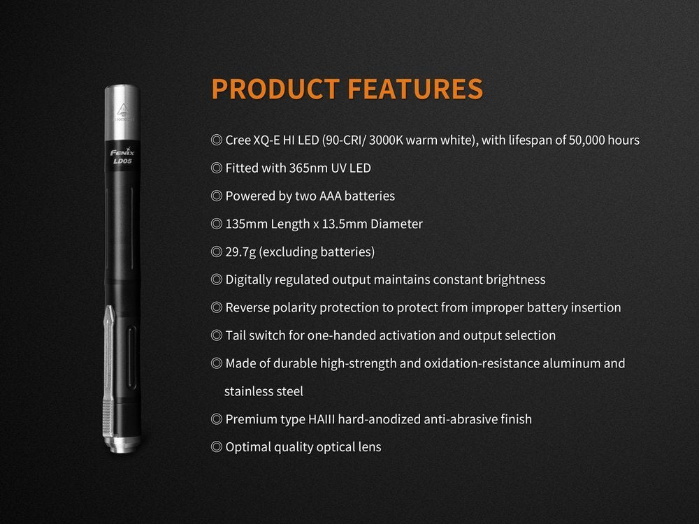Fenix LD05 V2.0 LED Flashlight, UV Lighting, EDC + Batteries Included #LD05V2.0