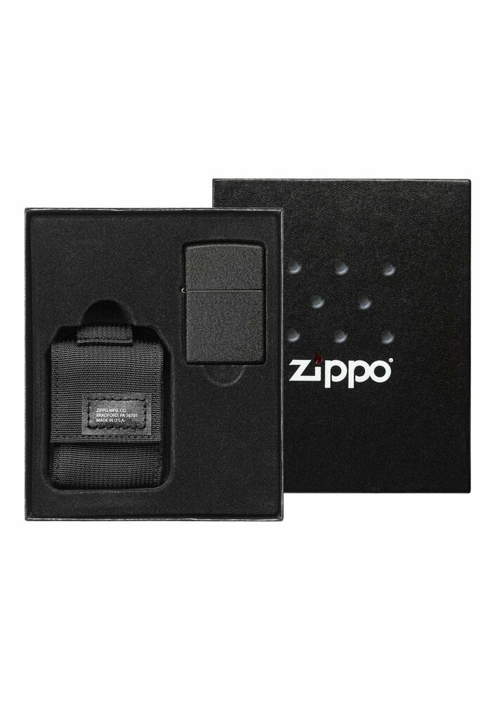 Zippo Black Crackle Lighter + Black Molle Pouch Gift Set, Made in USA #49402