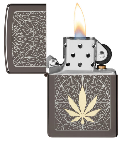 Zippo Cannabis Leaf Design, Black Ice Finish Lighter #48384