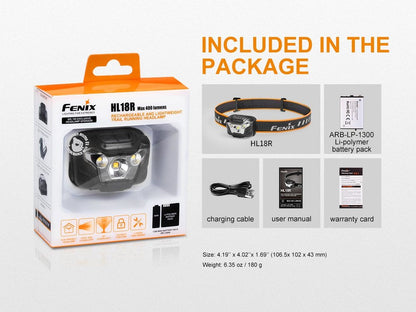 Fenix HL18R USB Rechargeable Headlamp, 400 Lumens, AAA Compatible, Black #HL18R