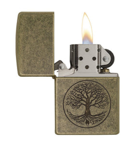 Zippo Tree of Life Lighter, Antique Brass Zippo Flame #29149