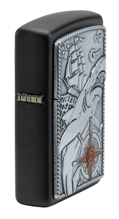 Zippo Nautical Shark Emblem Attached, Black Matte Lighter #48120