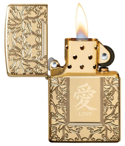 Zippo Chinese Love, High Polish Brass, Deep Engraved Armor Lighter #49022