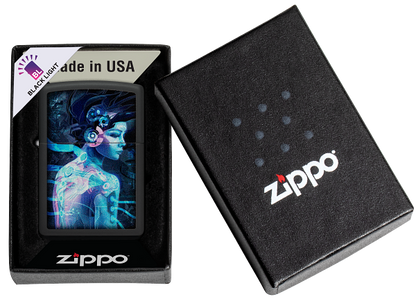Zippo Cyberpunk Girl Black Light Design, Black Matte Lighter #48517
