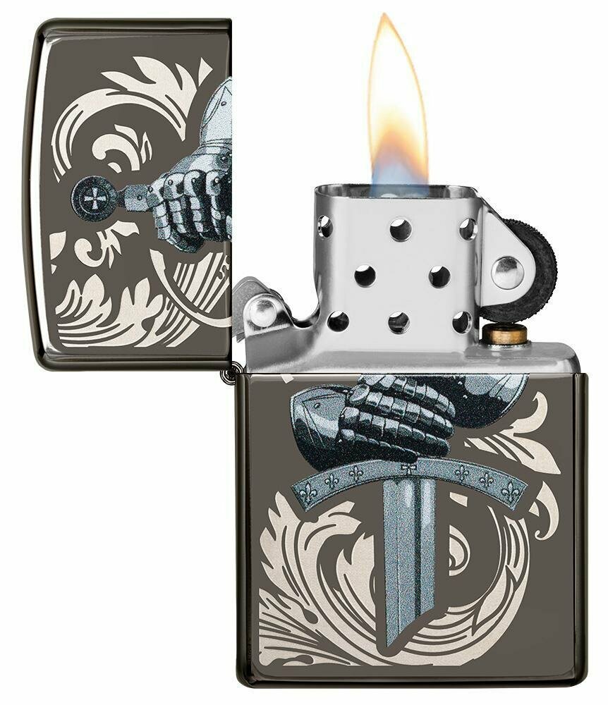 Zippo Medieval Knights Glove and Sword, Black Ice Finish Pocket Lighter #49127