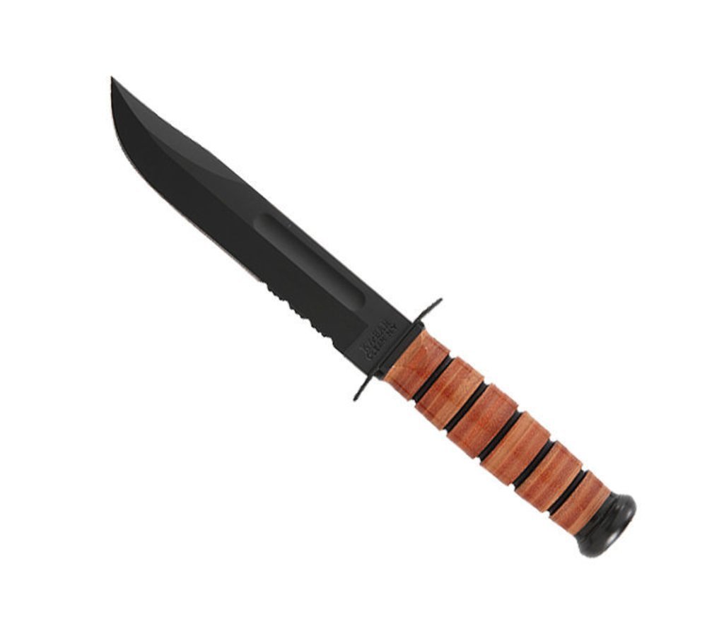 KA-BAR Short USA Knife, Serr. Edge, Brown Leather Sheath, Leather Handle #1261CP