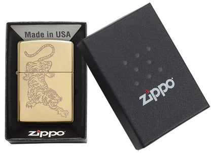Zippo Tiger Design, Engraved High Polish Brass Genuine Windproof Lighter #29884