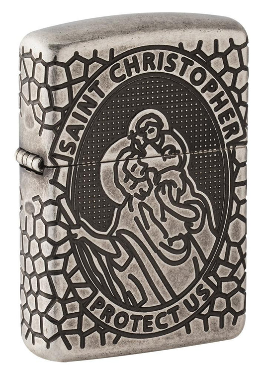 Zippo St. Christopher Protect Us, 360° Antique Silver Finish Armor Lighter #49160