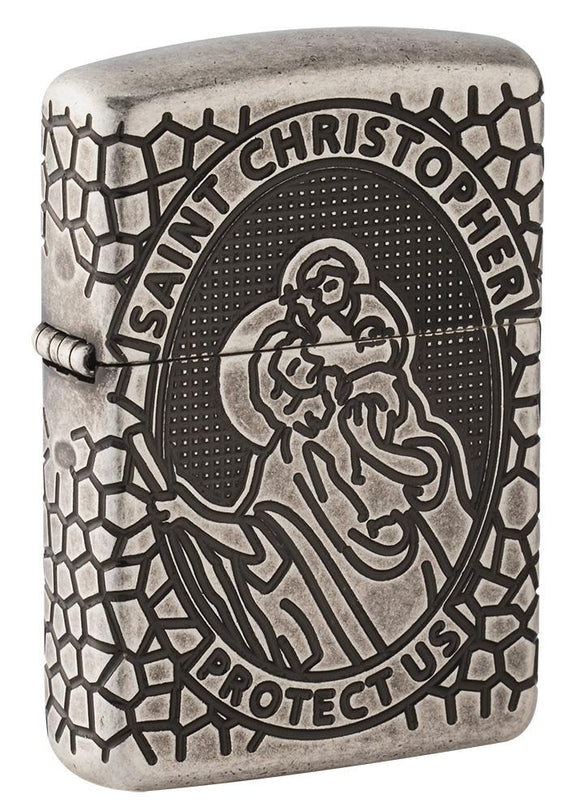 Zippo St. Christopher Protect Us, 360° Antique Silver Finish Armor Lighter #49160