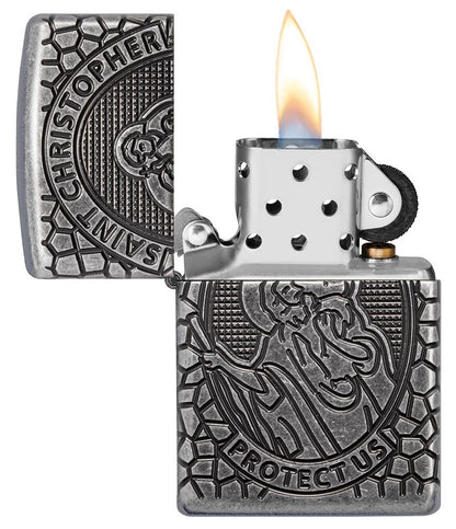 Zippo St. Christopher Protect Us, 360° Antique Silver Finish Armor Lighter #49160