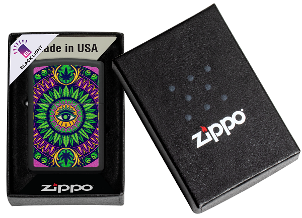 Zippo Cannabis Trippy Eye Black Light Design, Black Matte Lighter #48583