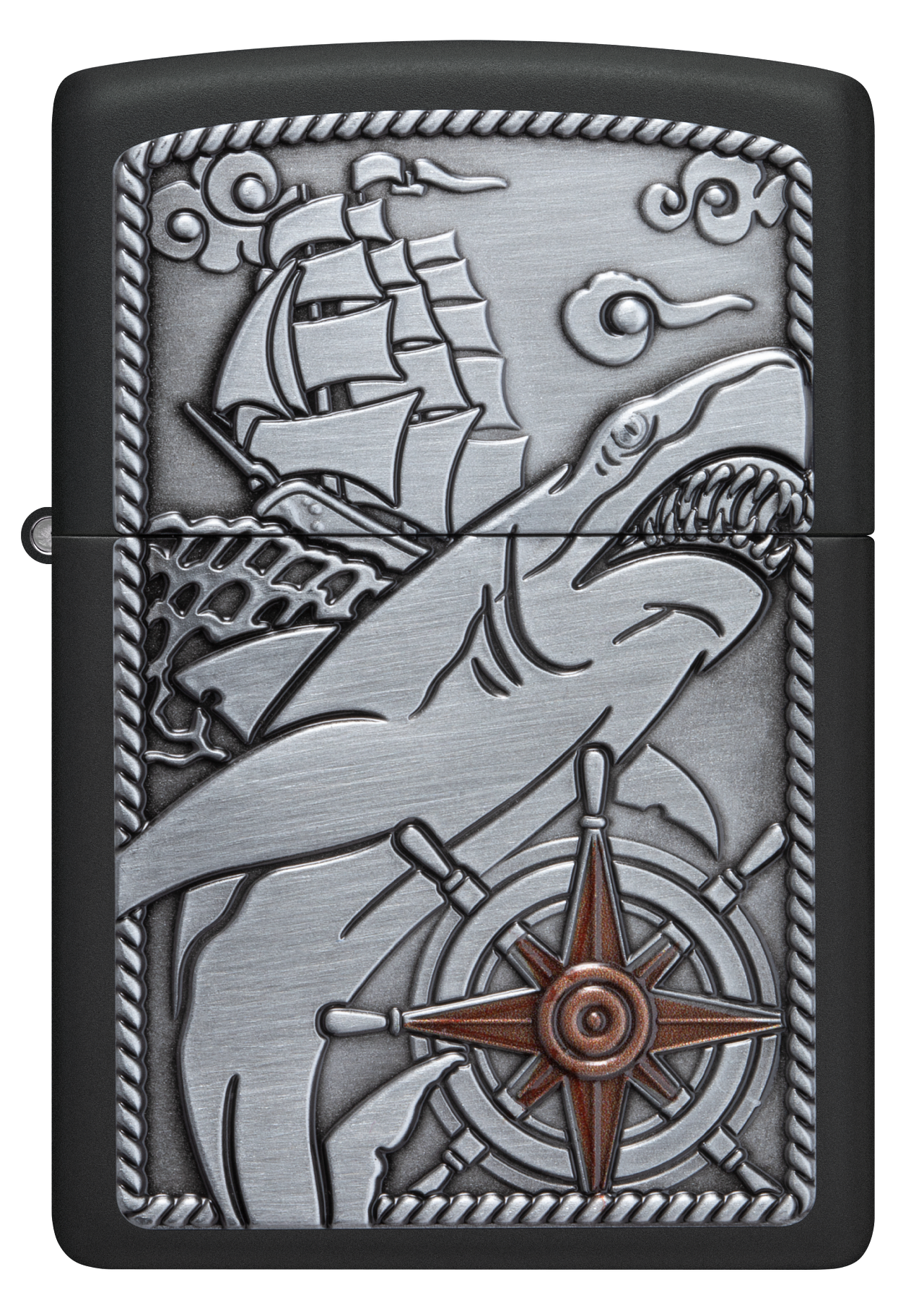 Zippo Nautical Shark Emblem Attached, Black Matte Lighter #48120