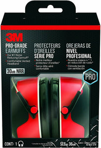 3M Pro-Grade Earmuffs, 30 dB NRR, Red, Adjustable Headband + Cushioning #90565