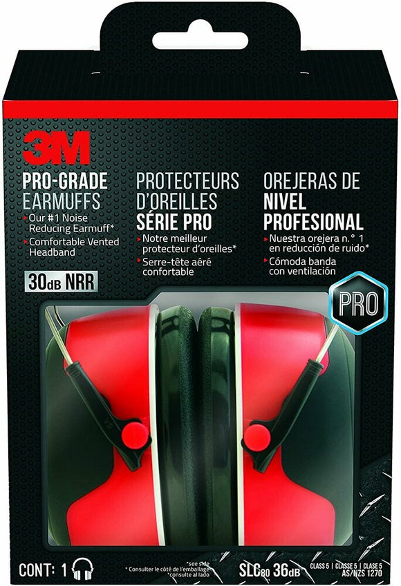 3M Pro-Grade Earmuffs, 30 dB NRR, Red, Adjustable Headband + Cushioning #90565