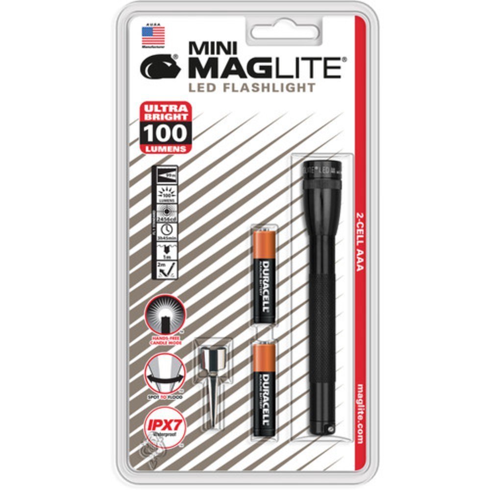 MAGLITE Mini, LED Flashlight + Pocket Clip + 2 AAA Batteries, Black #SP32016