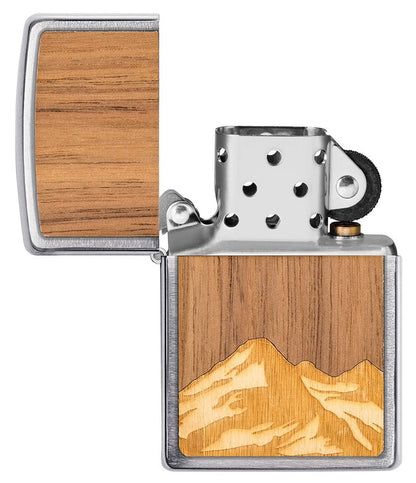 Zippo WOODCHUCK Mountain, Walnut with Maple Inlay Brushed Chrome Lighter #49800