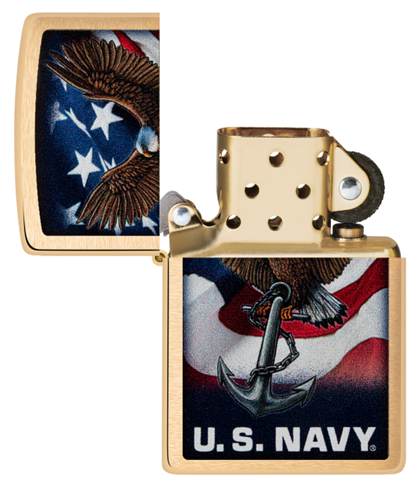 Zippo USA Navy Eagle and Flag Design, Brushed Brass Lighter #48549