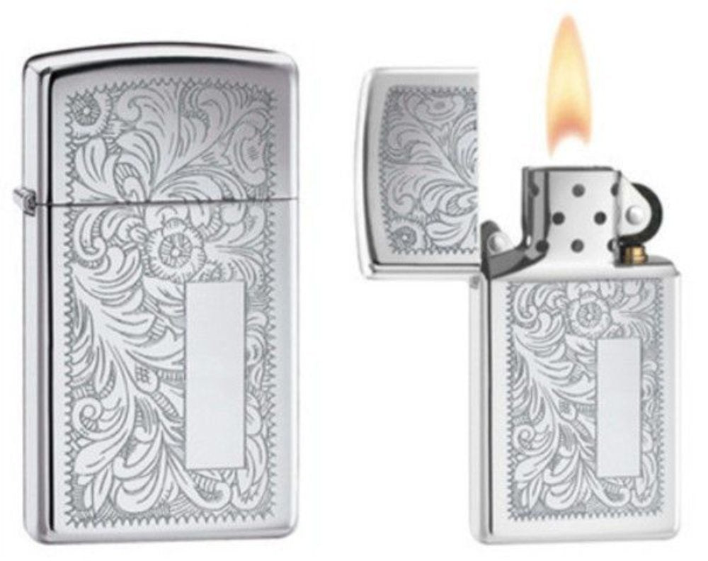 Zippo Slim Chrome Venetian Design, Good For Engraving, Genuine Lighter #1652