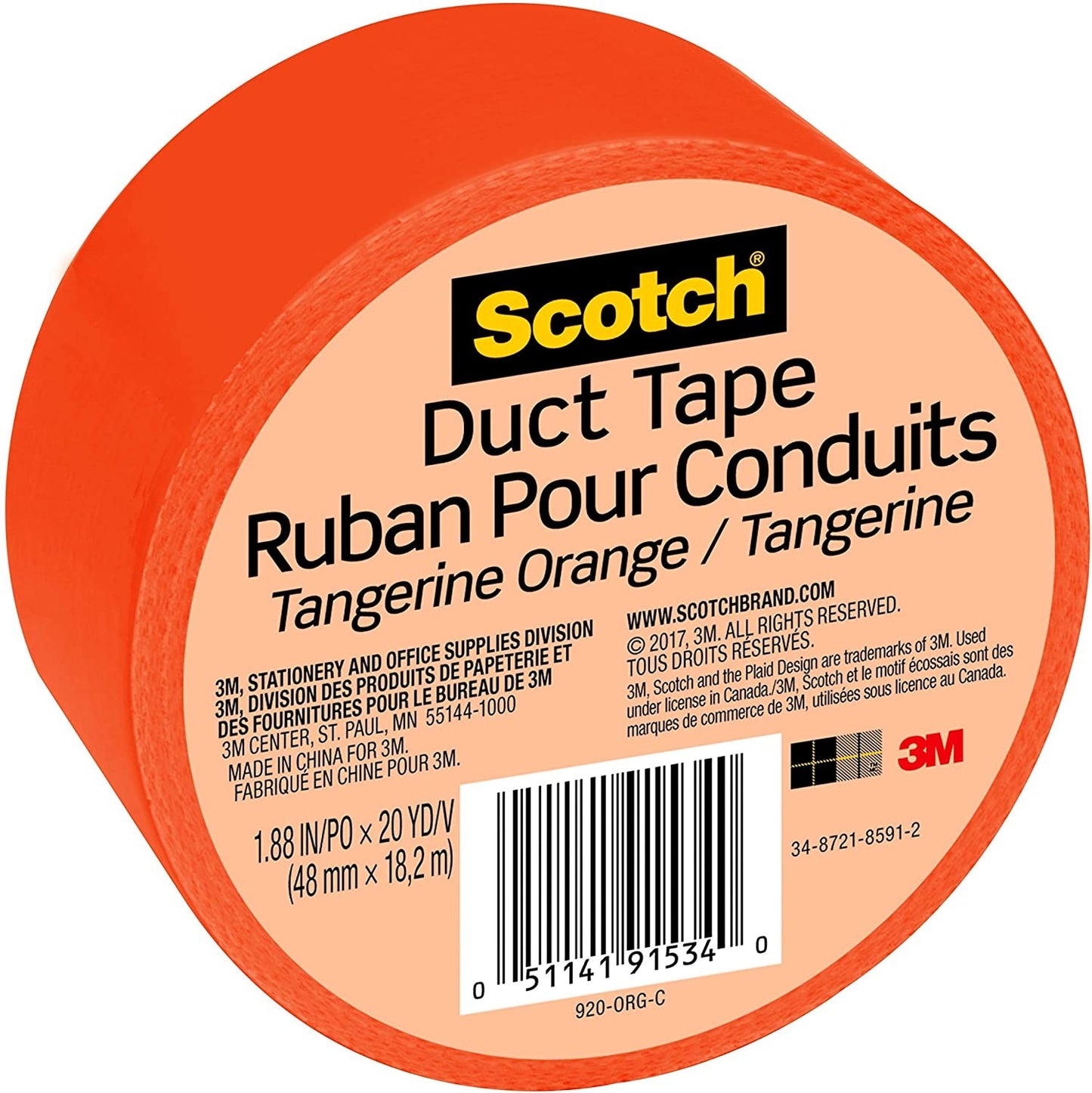 3M Scotch Duct Tape, 1.88 in x 20 yd (48 mm x 18,2 m), Orange #920-ORG-C