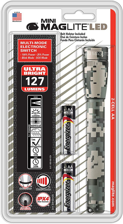 MAGLITE Mini LED Flashlight, 2-Cell AA, Camo + Batteries + Sheath, 127 Lumens #SP22MRHJ