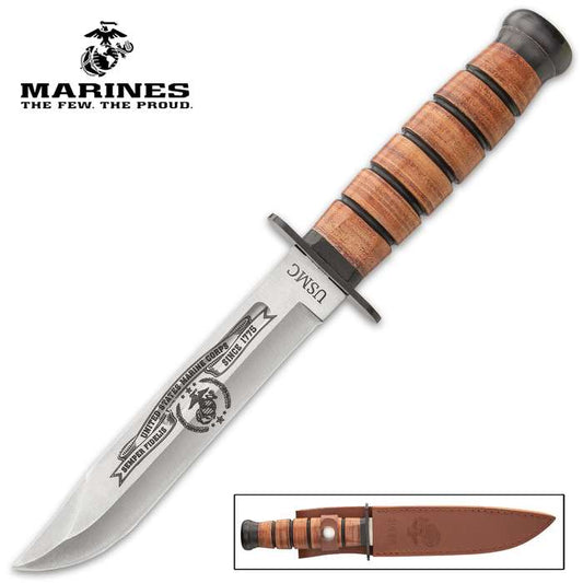 BudK USMC Tribute Knife + Sheath, SS Blade, Leather Handle #UC3369